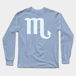 Scorpio Zodiac Horoscope Symbol in Pastel Blue and White Gingham Pattern Long Sleeve T-Shirt